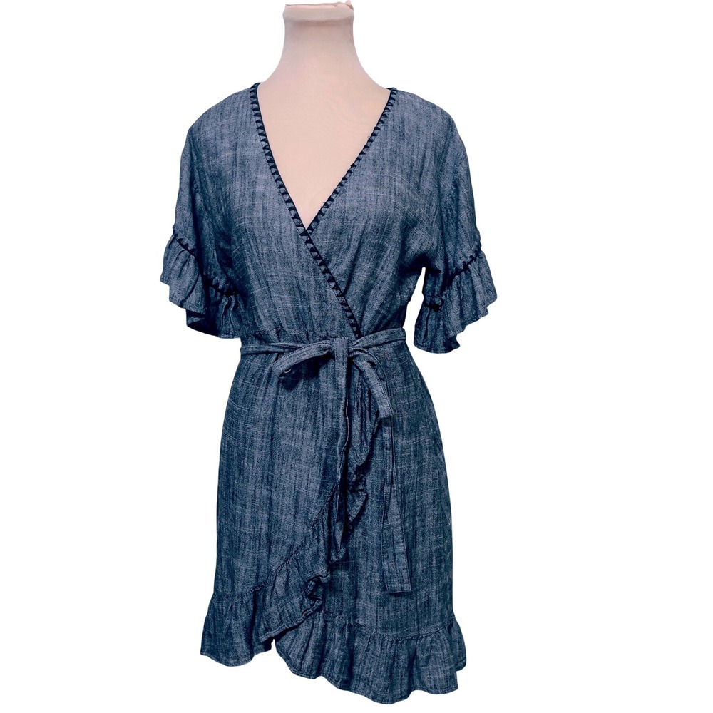 Uncle Frank Womens Blue Embroidered Ruffle Wrap Dress Small Boho Cottagecore